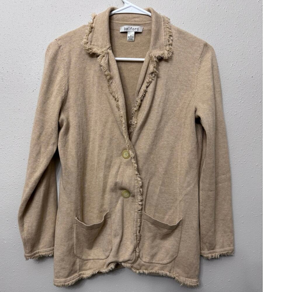 Belford Pima Cotton‎ Cardigan Sz S Camel Raw Hem Lagenlook Sustainable Boho Eco